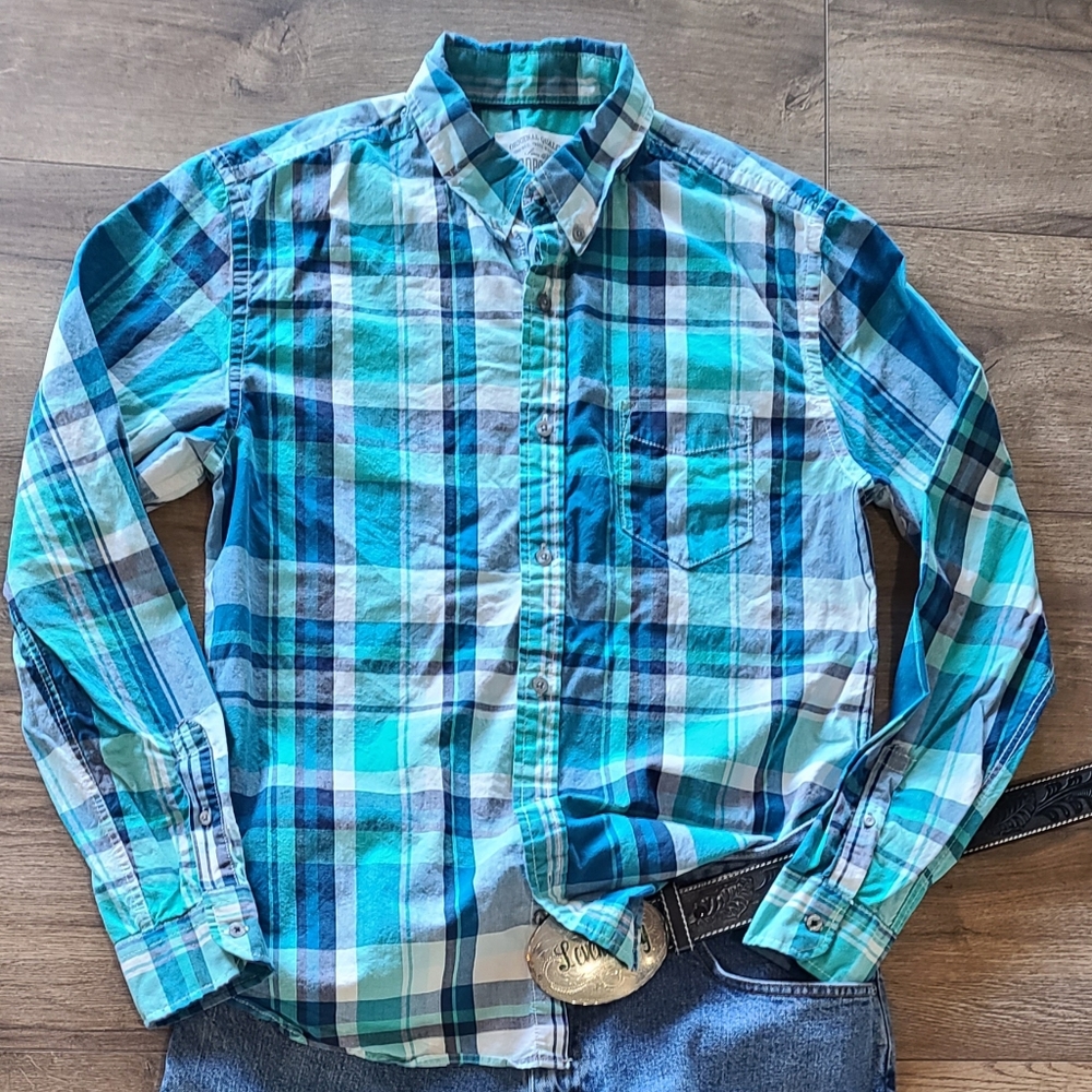 Lightly Worn! AREOPOSTALE - Mens Blue/Green Plaid Button Down Shirt- Size M - Picture 6 of 6